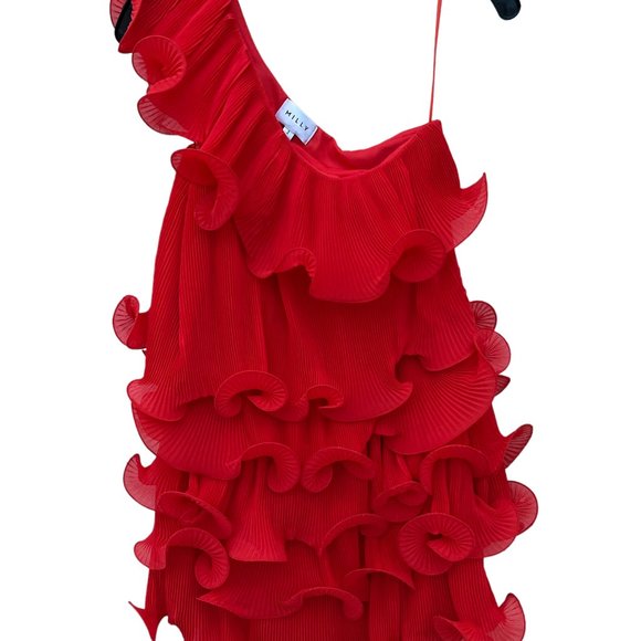 Milly  Coral Pleated Tiered Ruffle Dress Size 6 - Picture 5 of 9